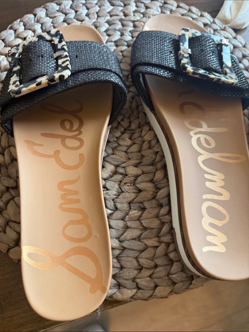 Sam Edelman Black Slide Sandals with Leopard-Print Buckle Accent